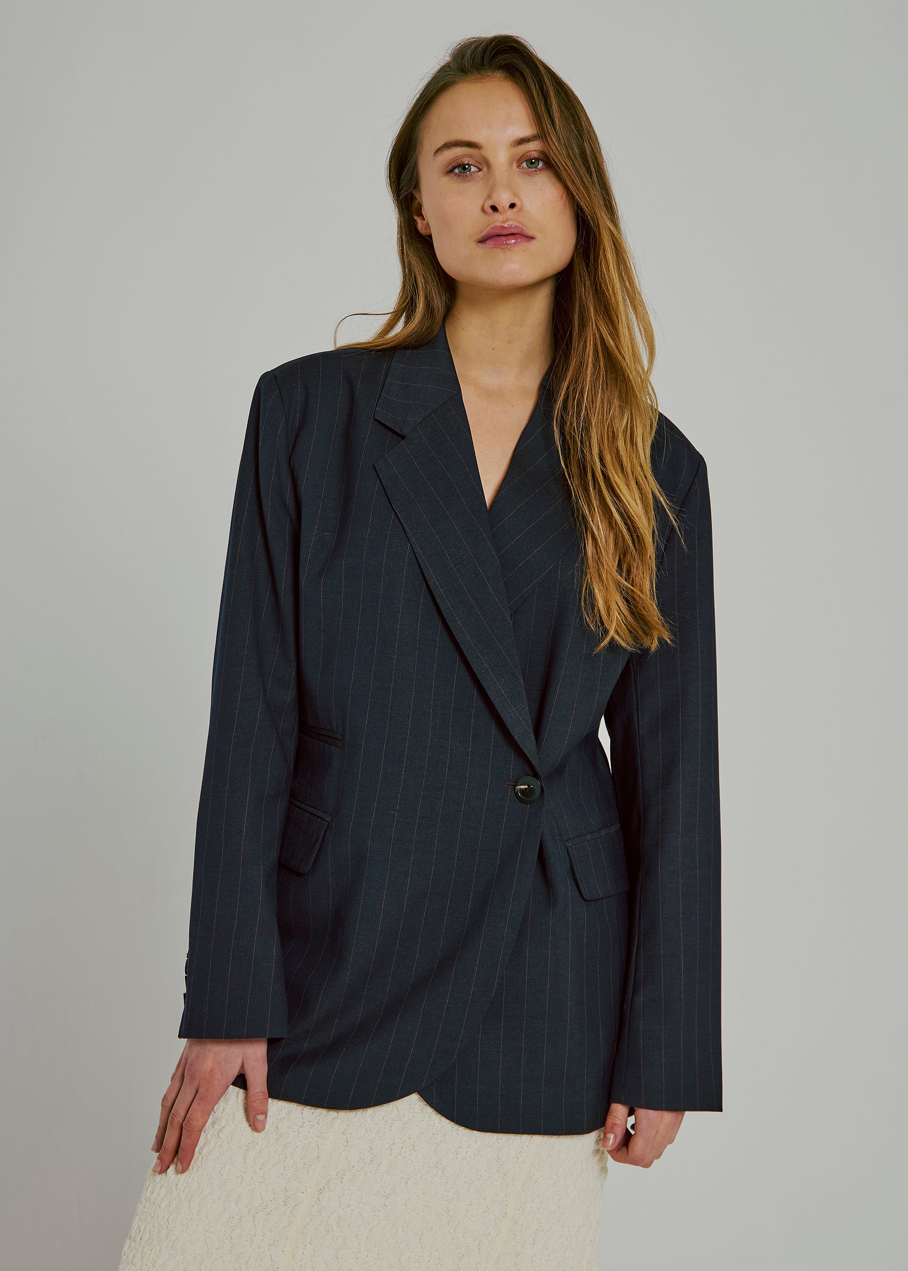 Kandria Shaped Blazer, Brown Pinstripe