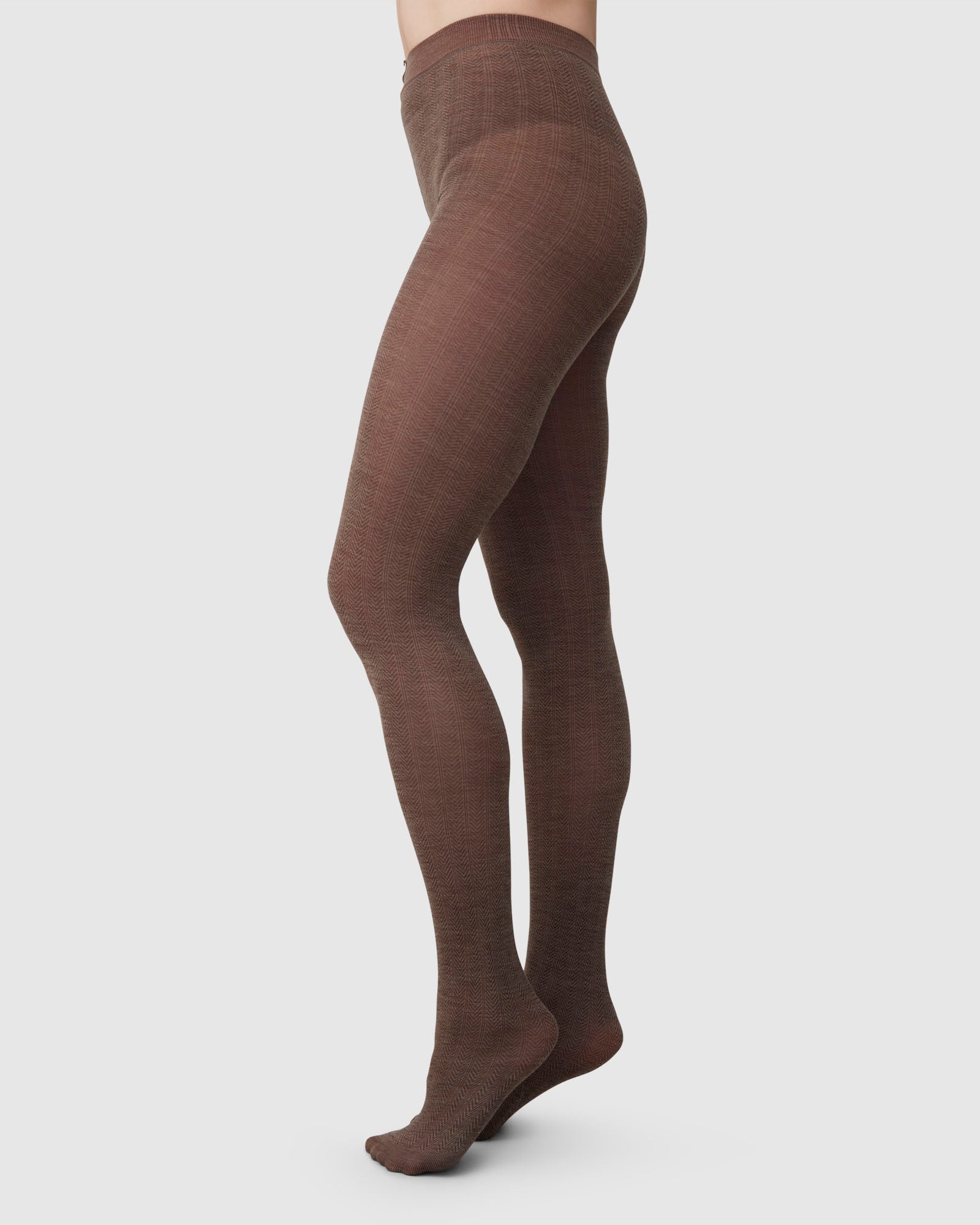Ylva Fishbone Wool Tights - Mid Brown