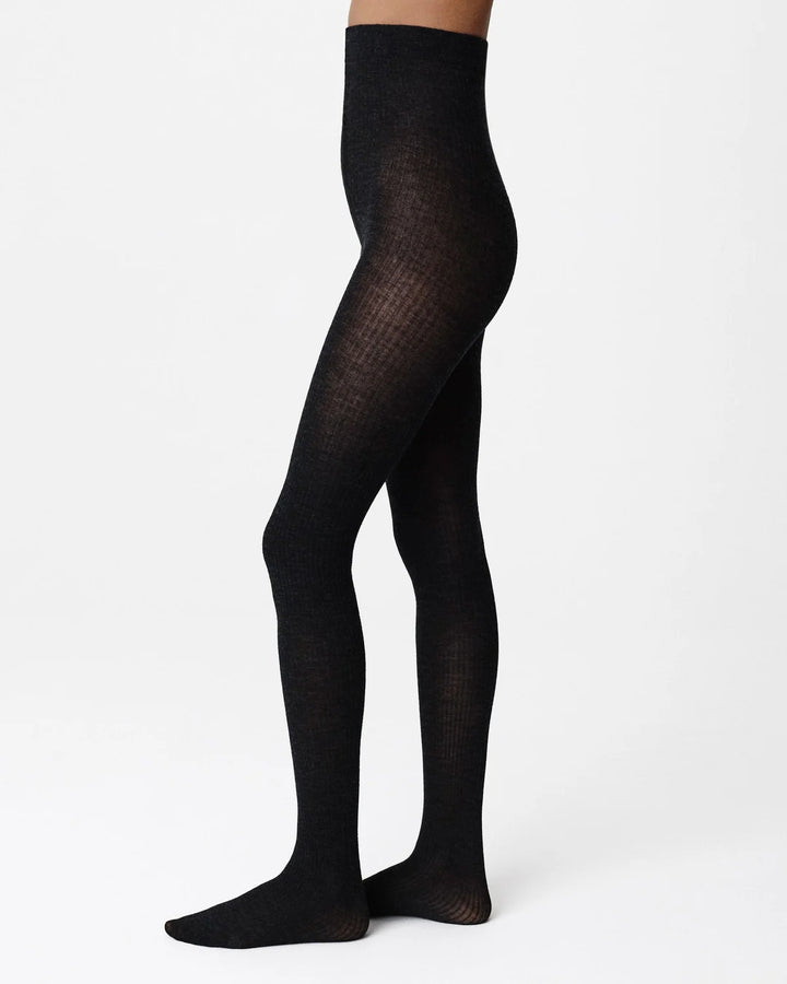 Diana Rib Wool Tights - Black Melange