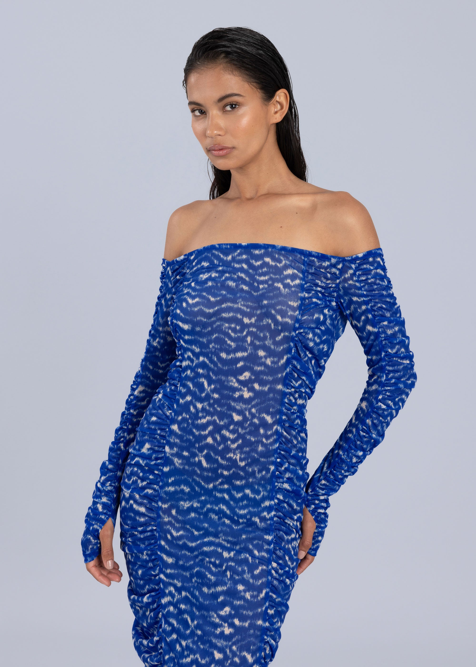 Printed Side Gathered Bardot Midi Dress