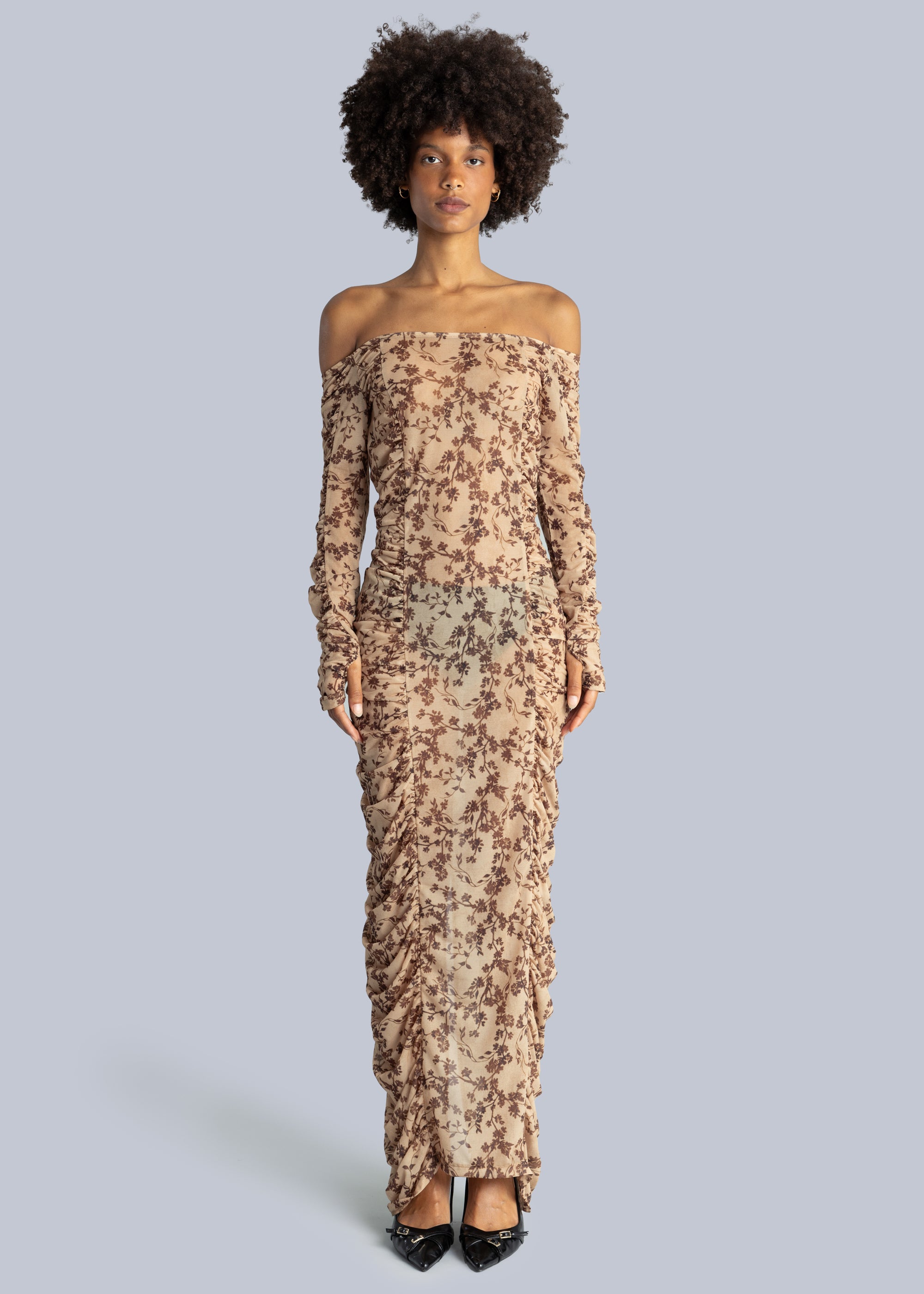 Side Gathered Bardot Midi Dress
