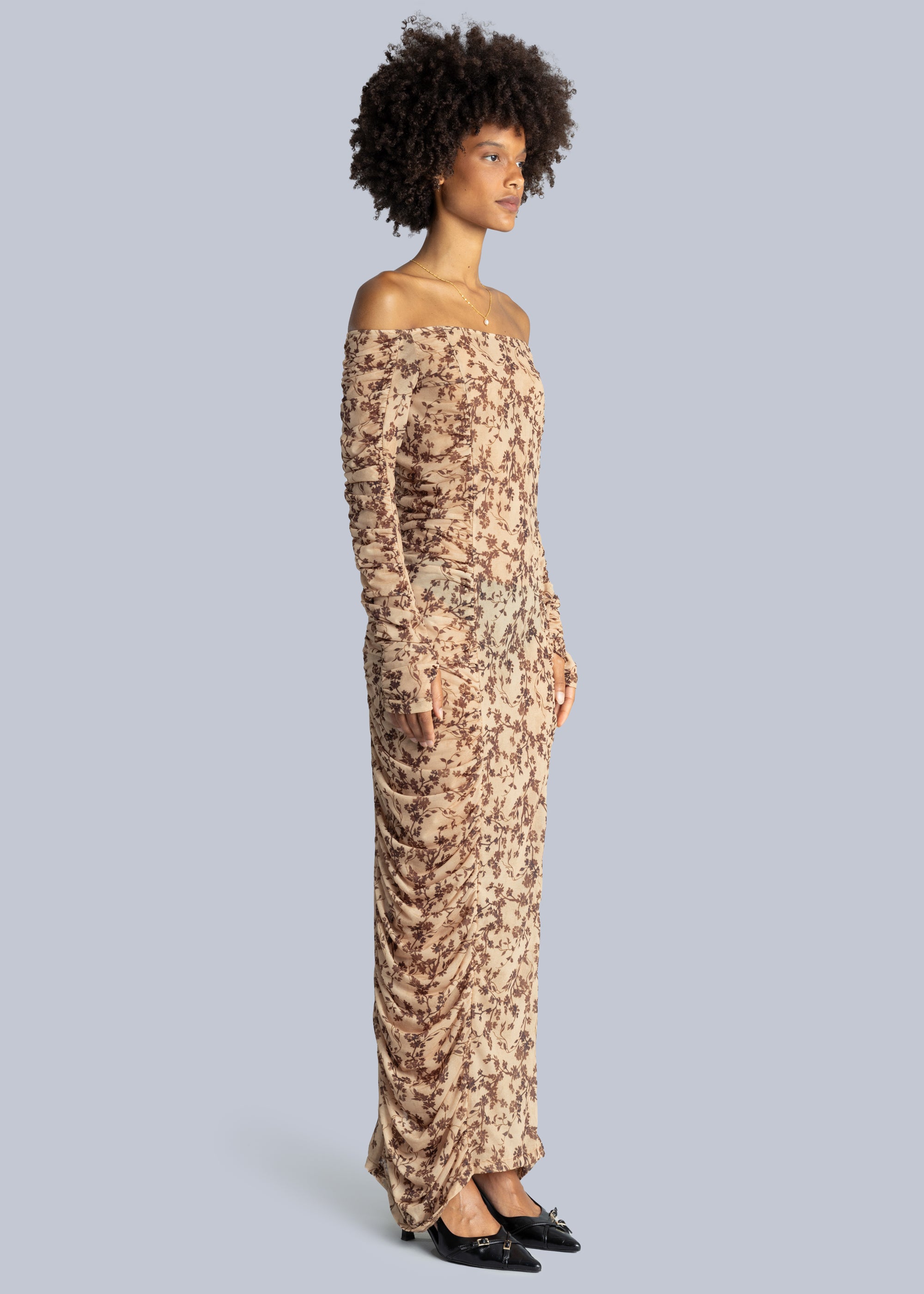 Side Gathered Bardot Midi Dress