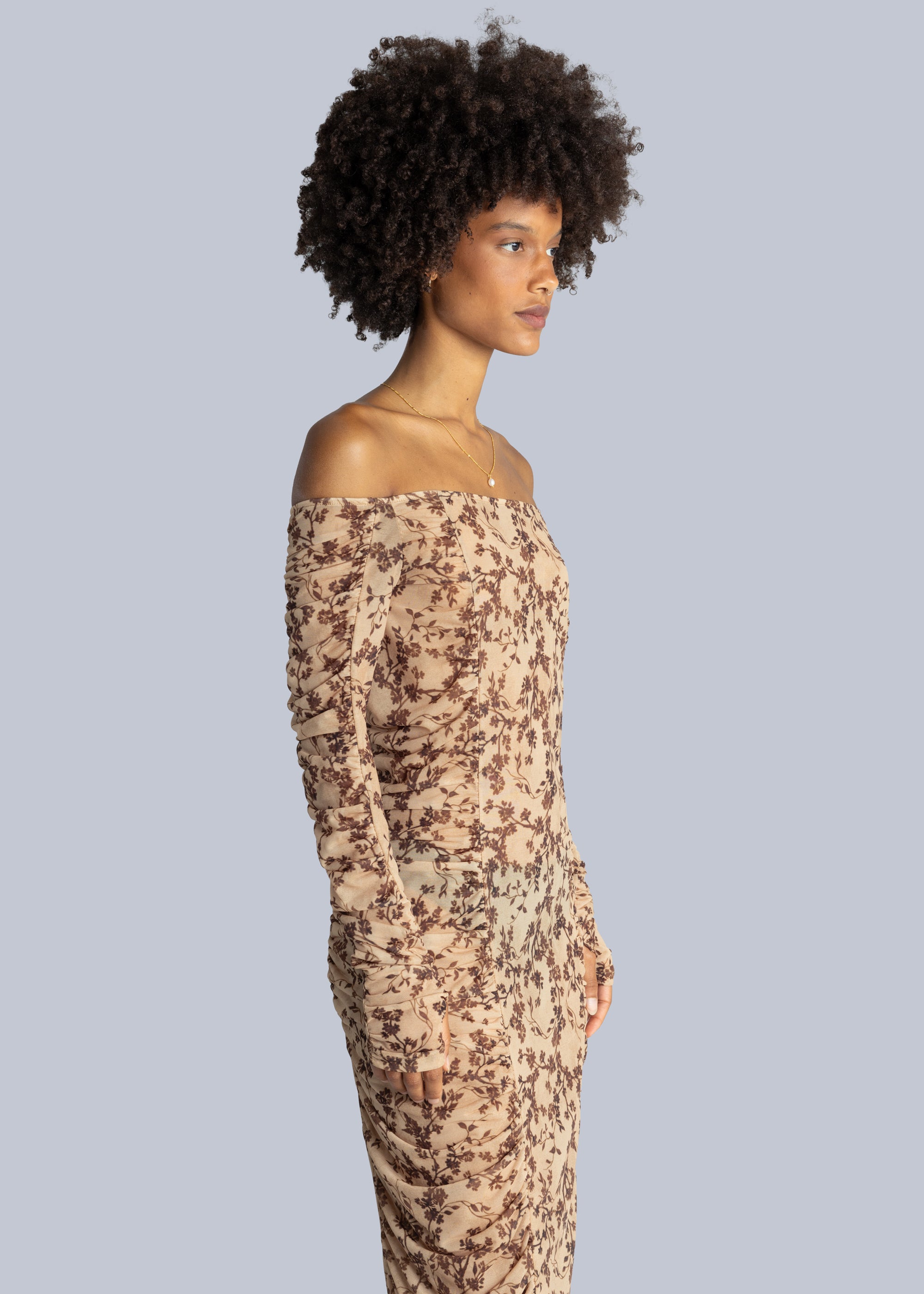 Side Gathered Bardot Midi Dress