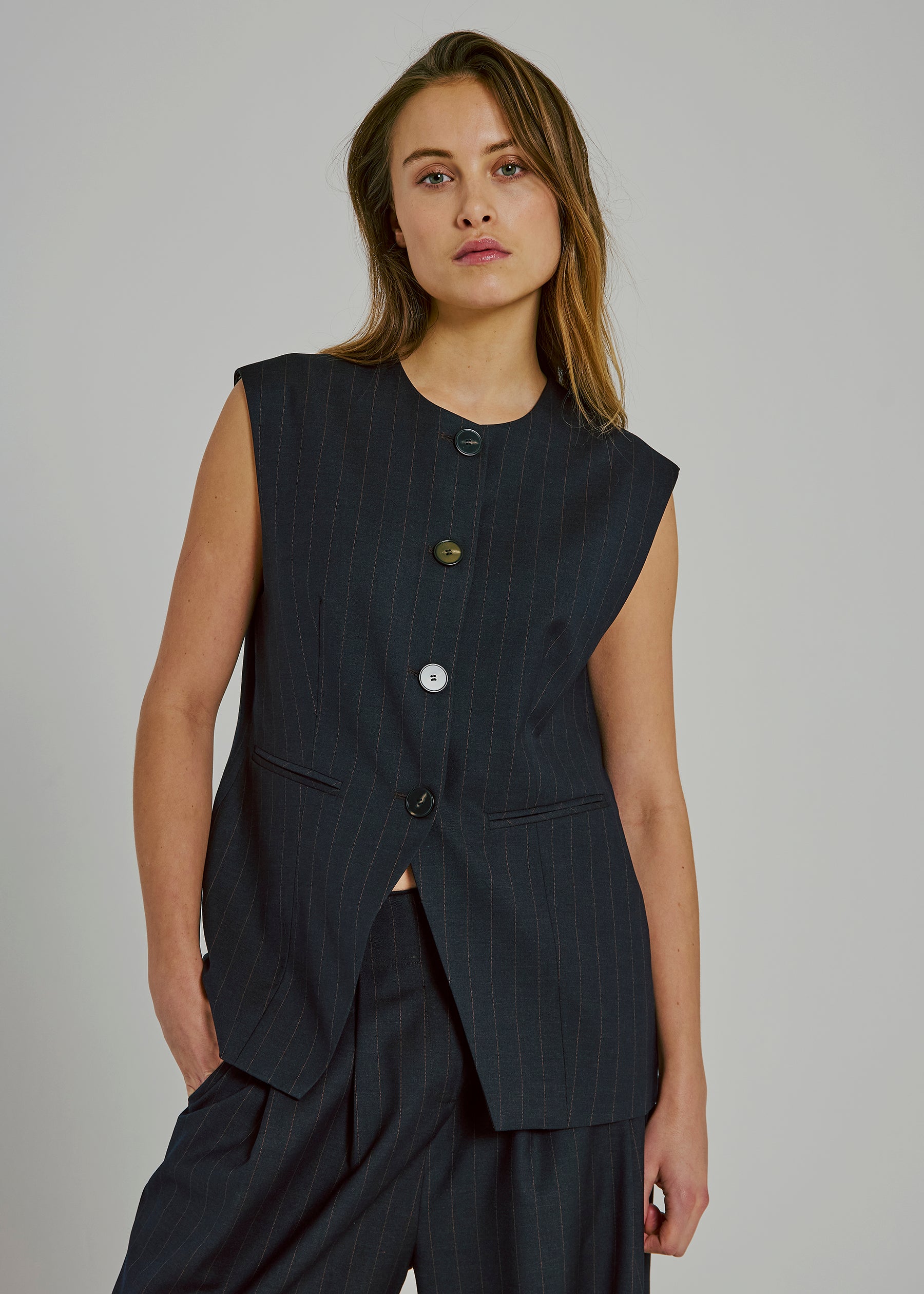 Kandria Waistcoat, Brown Pinstripe