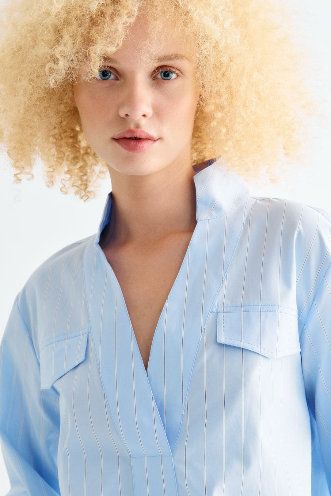 Marbella Blouse, Blue Pinstripe