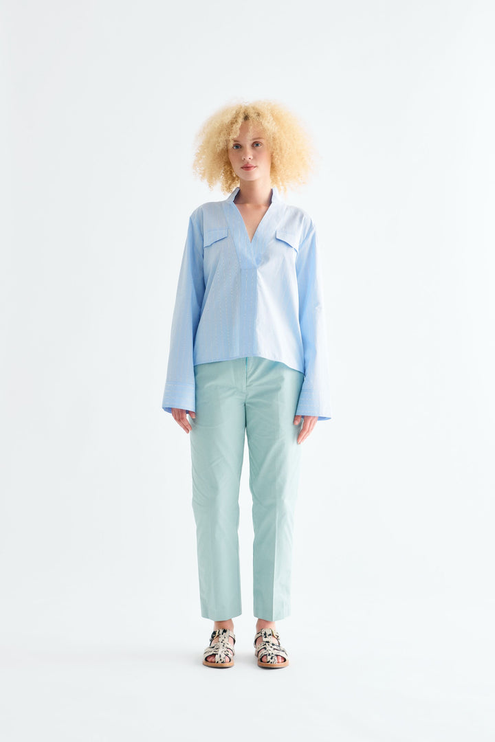 Marbella Blouse, Blue Pinstripe