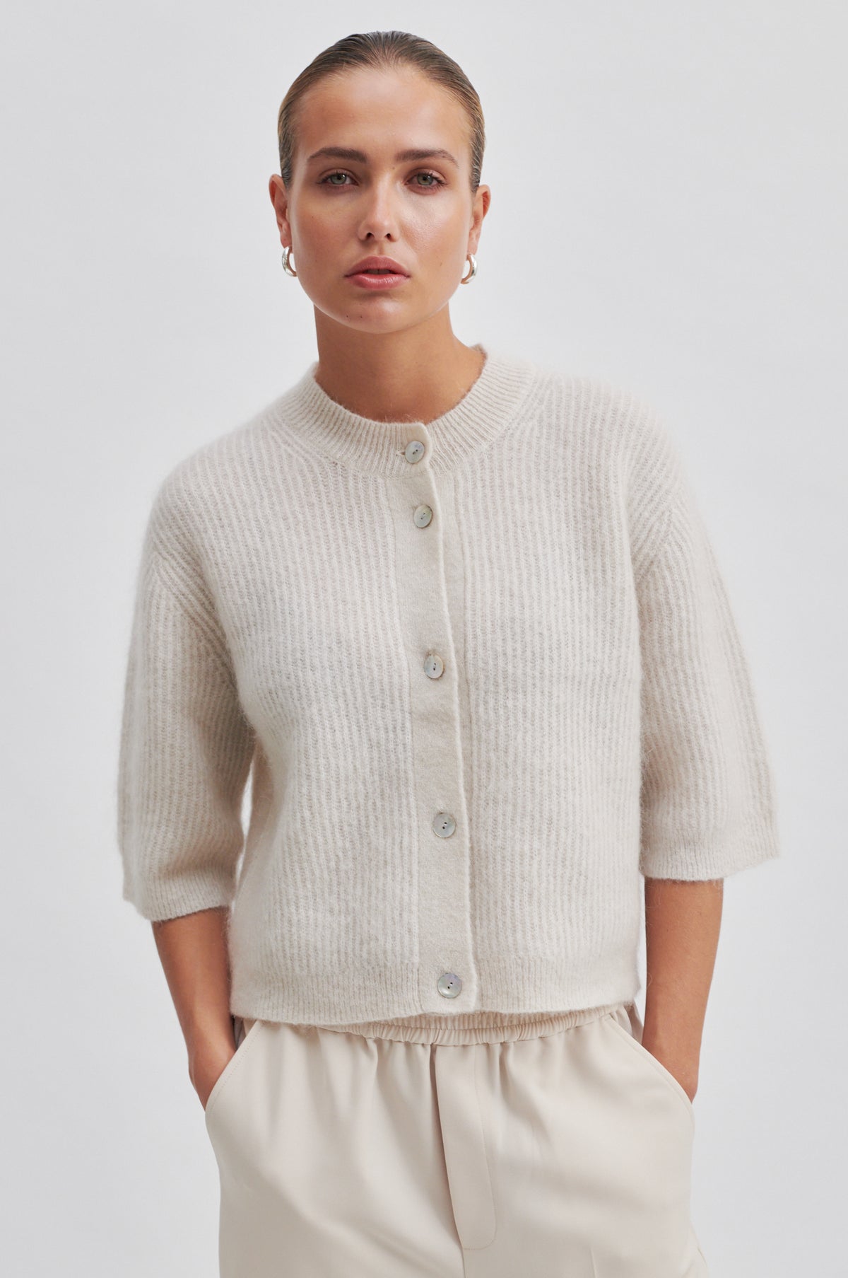 Andrea Knit Rib Cardigan, Stone