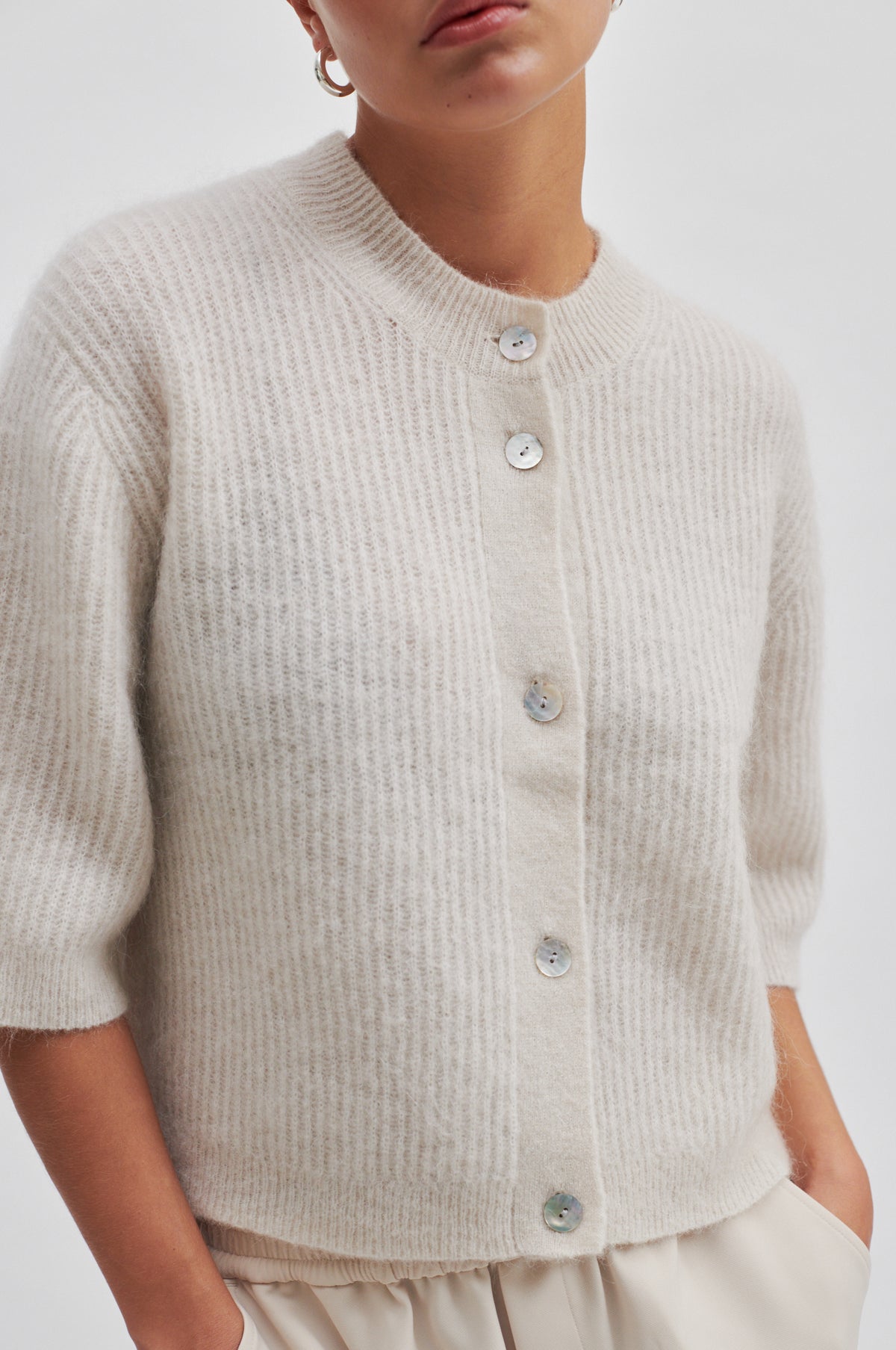 Andrea Knit Rib Cardigan, Stone