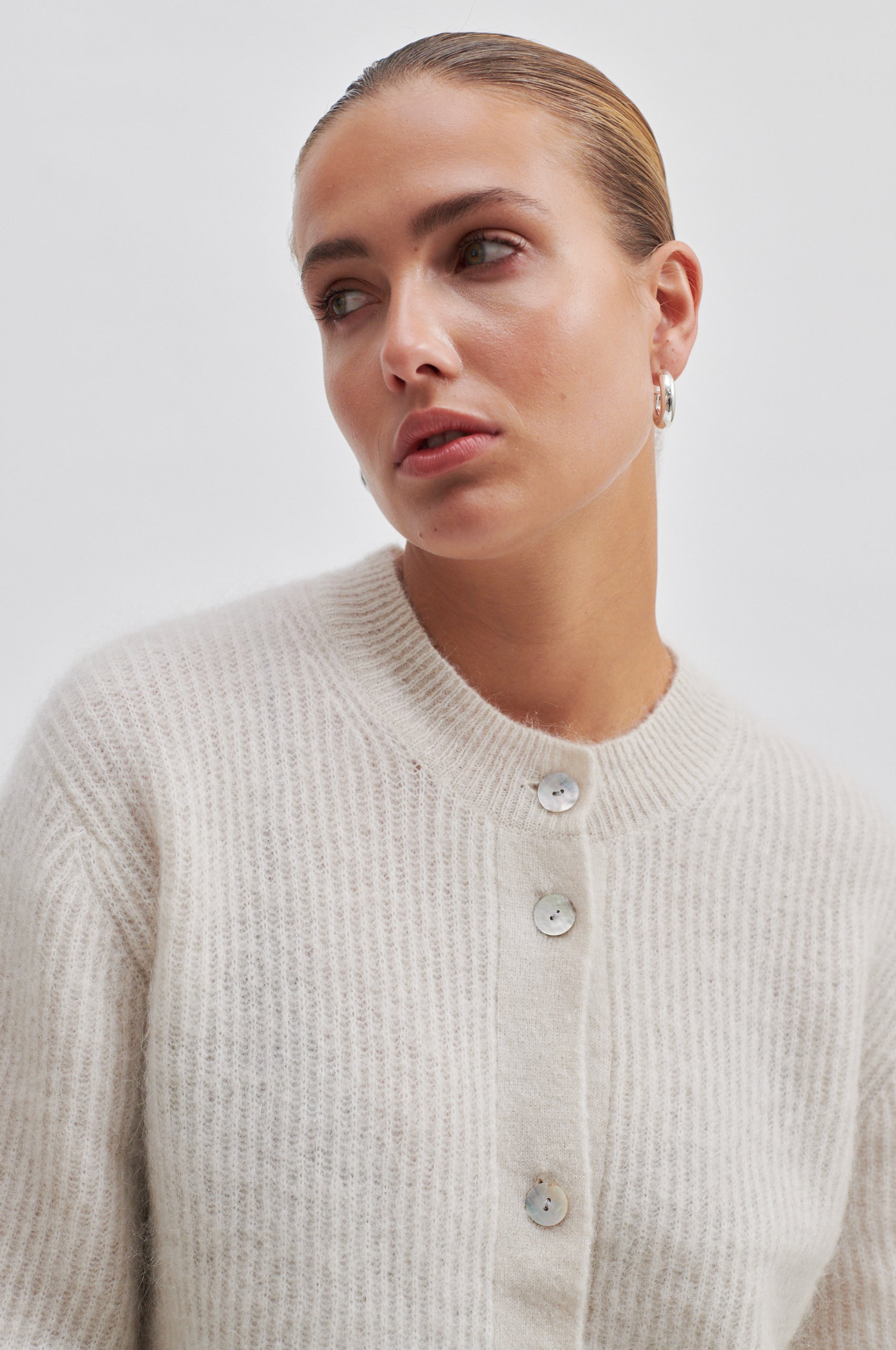Andrea Knit Rib Cardigan, Stone
