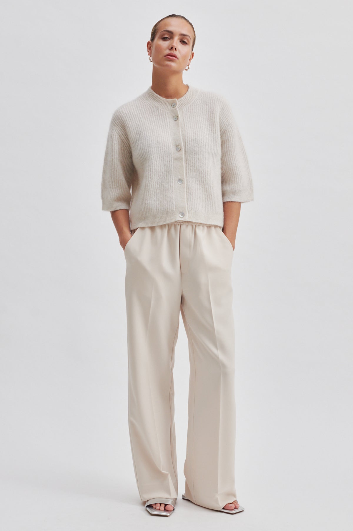 Andrea Knit Rib Cardigan, Stone