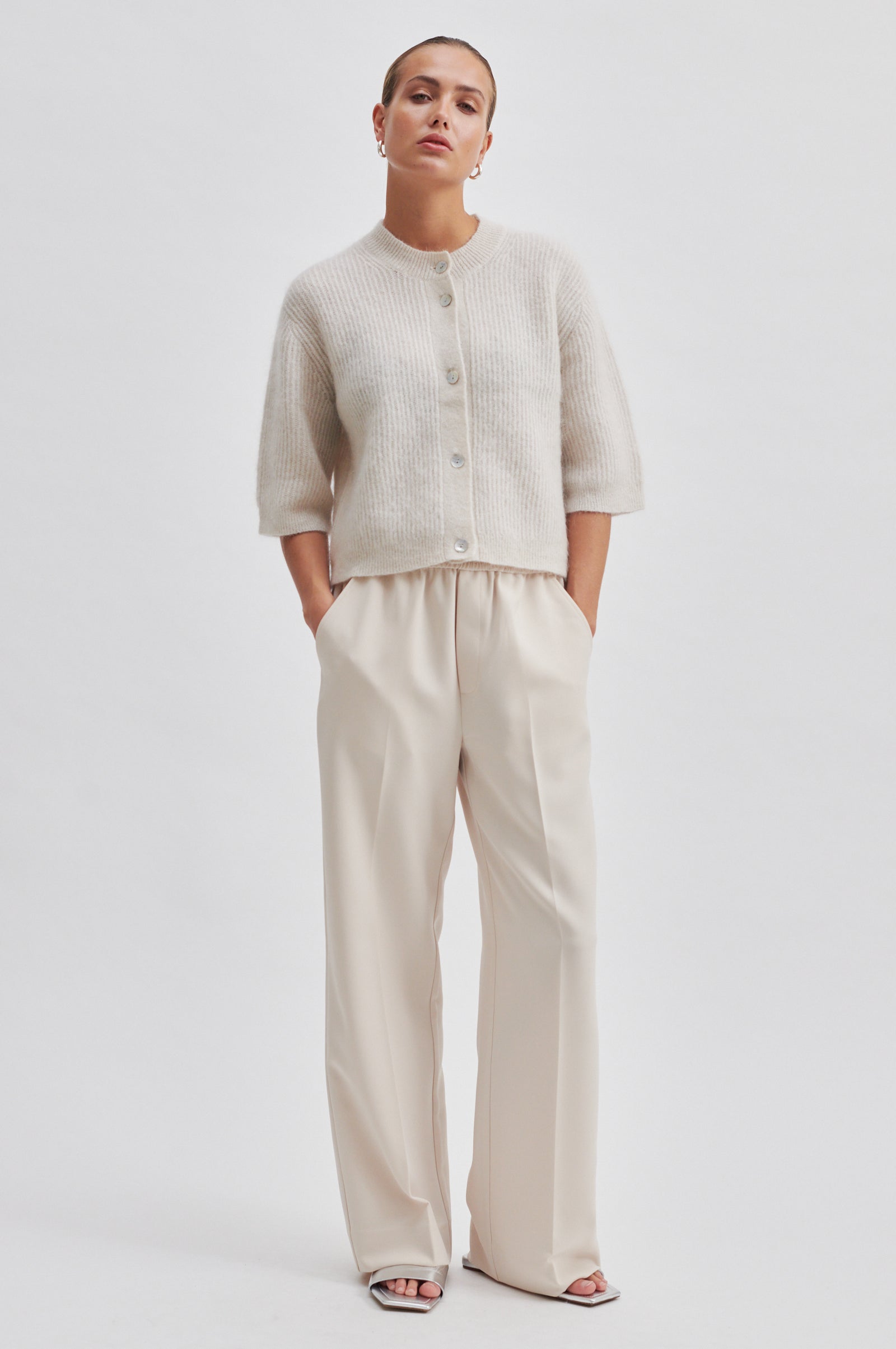 Andrea Knit Rib Cardigan, Stone