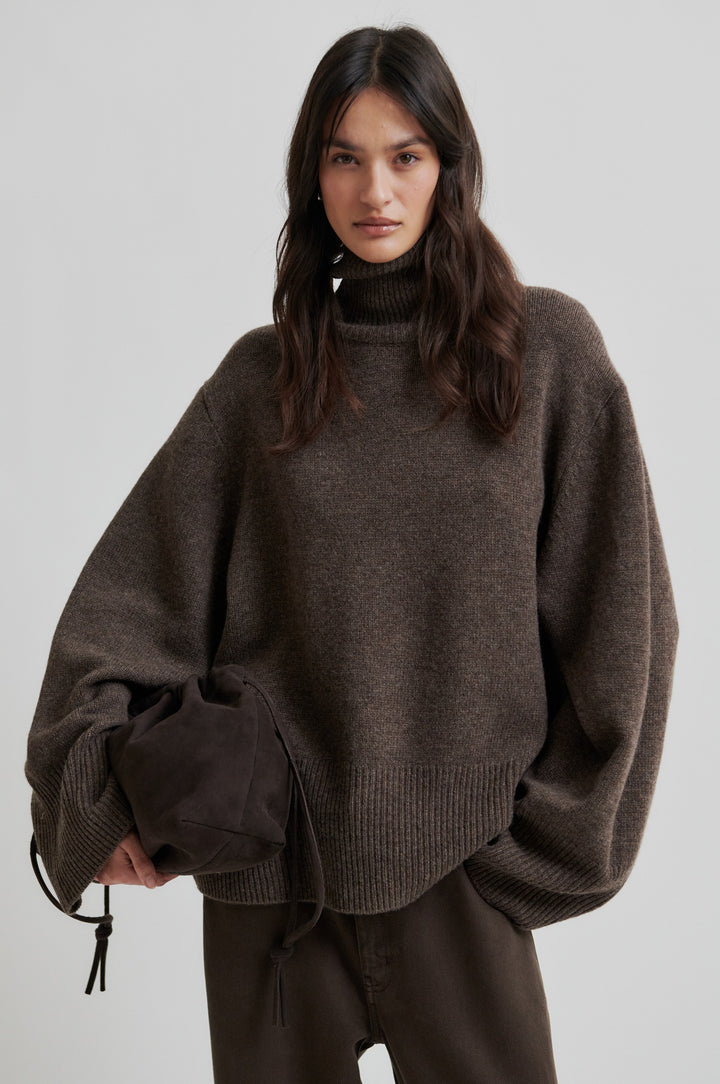 Alpha Knit T-Neck - Dark Brown Melange