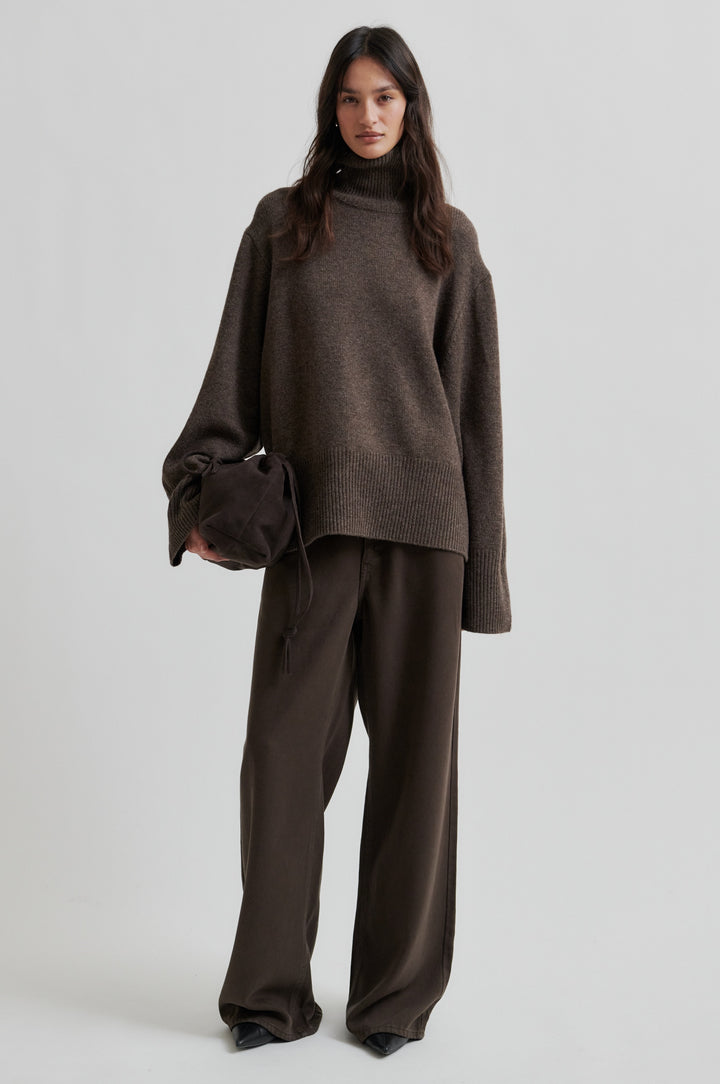 Alpha Knit T-Neck - Dark Brown Melange