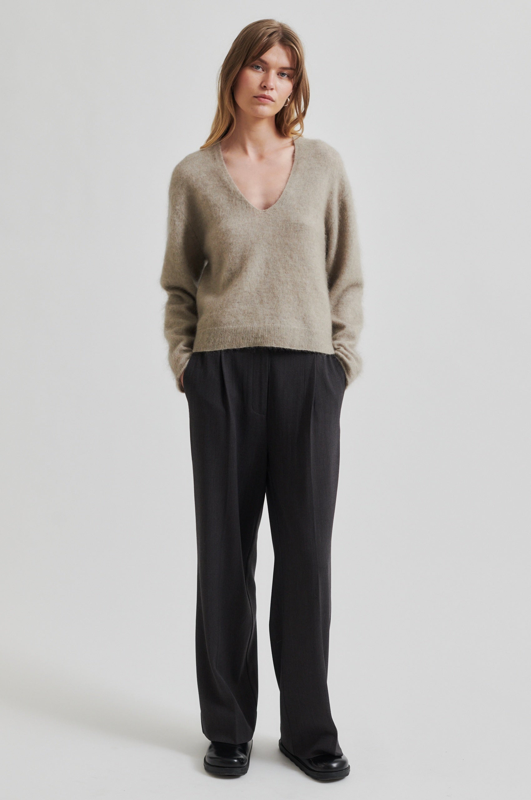 Camryn Knit V-Neck, Dark Beige