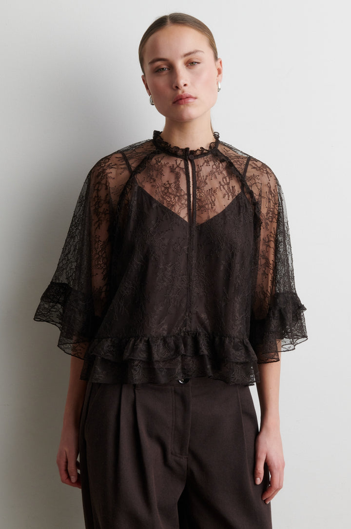 Sybell Lace Ruffle Blouse - Brown