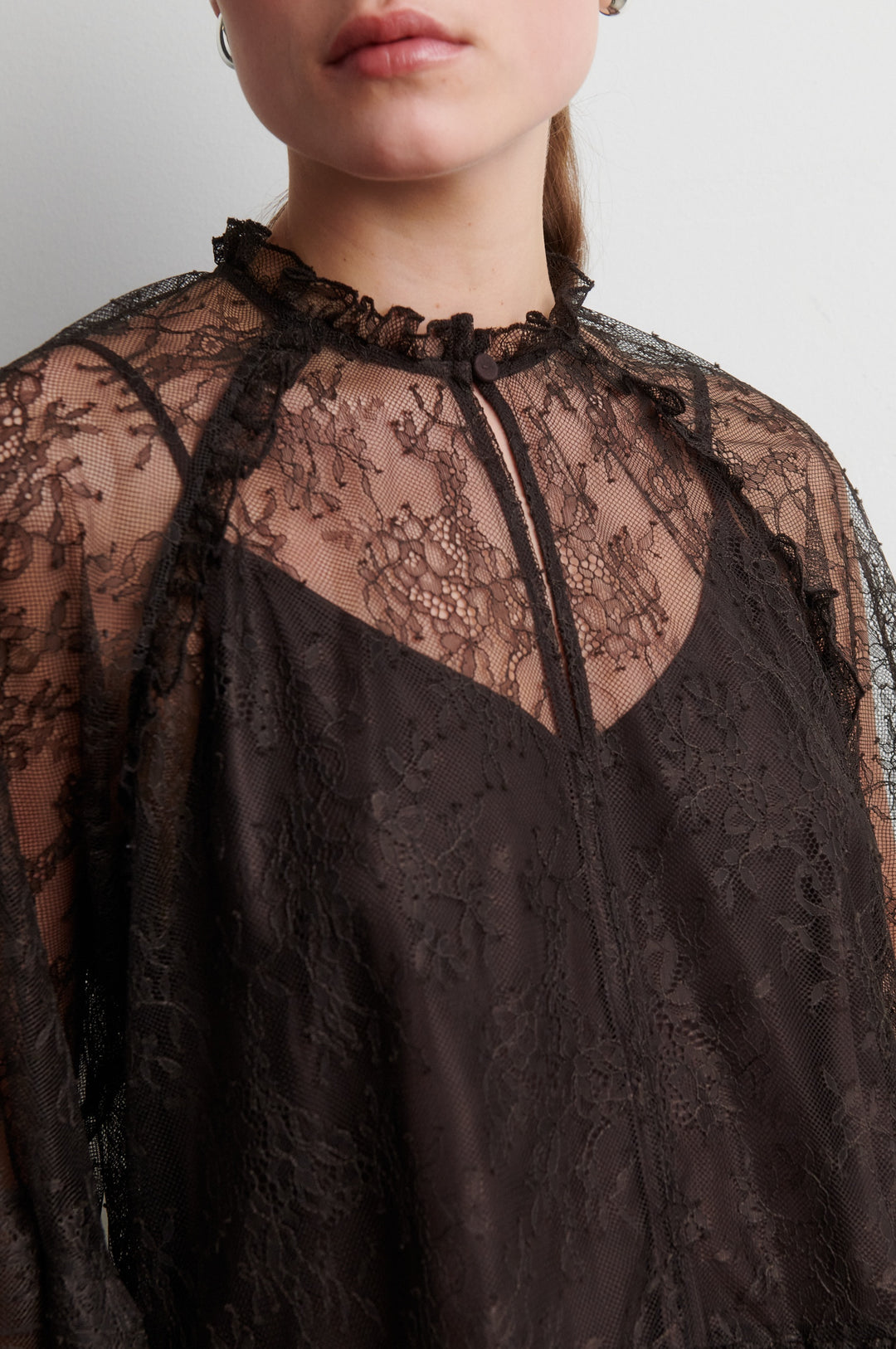 Sybell Lace Ruffle Blouse - Brown