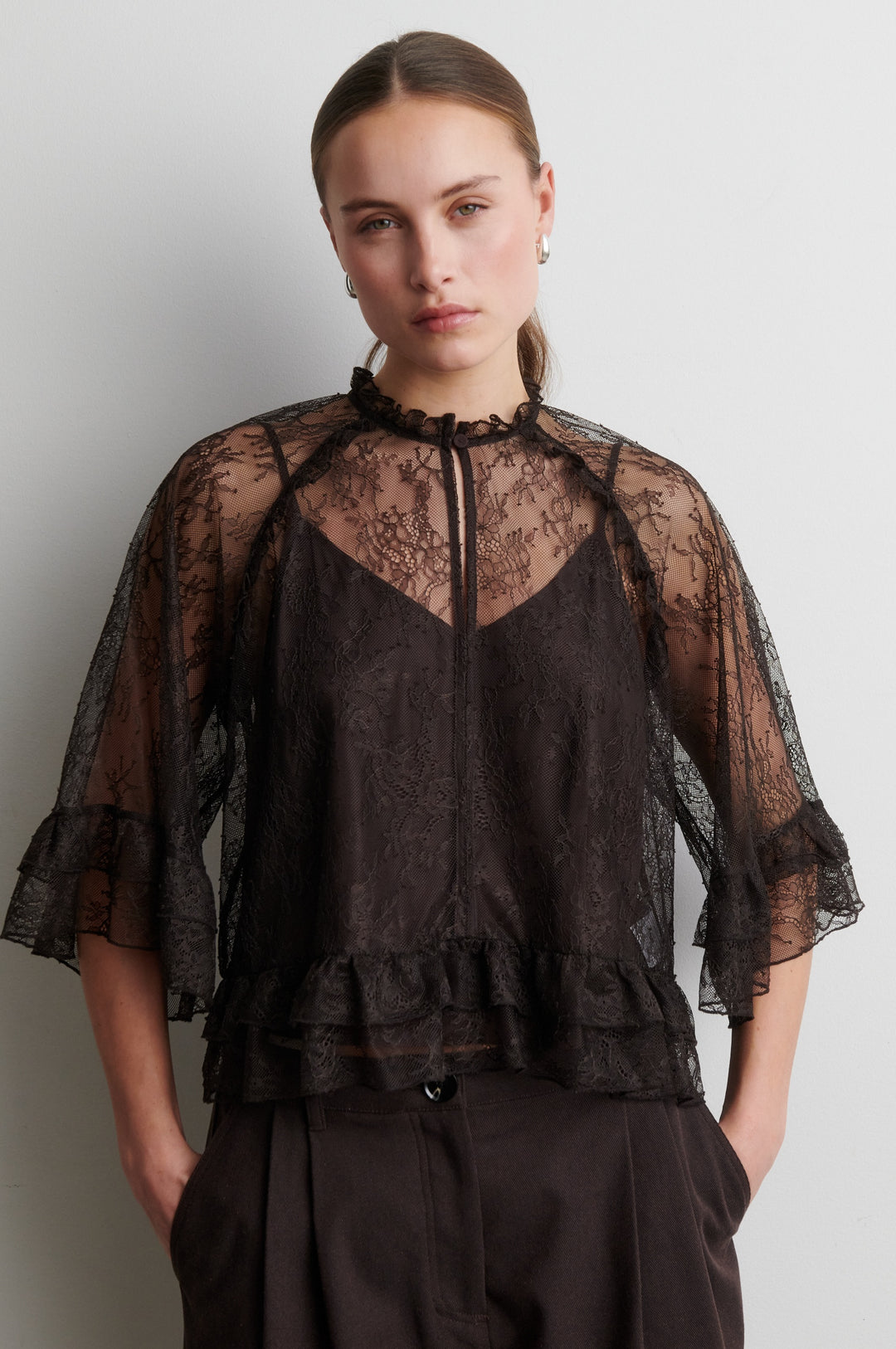 Sybell Lace Ruffle Blouse - Brown