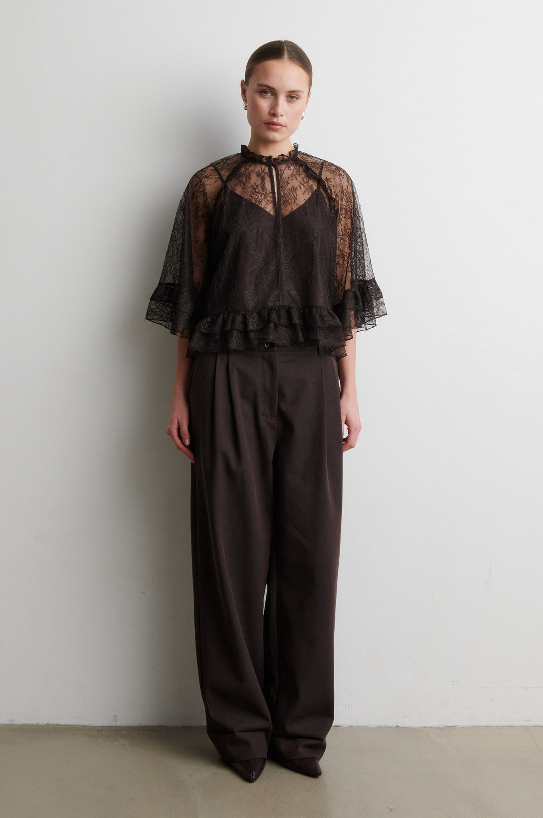 Sybell Lace Ruffle Blouse - Brown