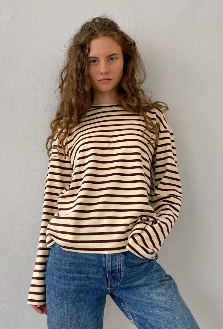 Nete Boii O-Neck Tee, Stripe Off-White / Bourdaux