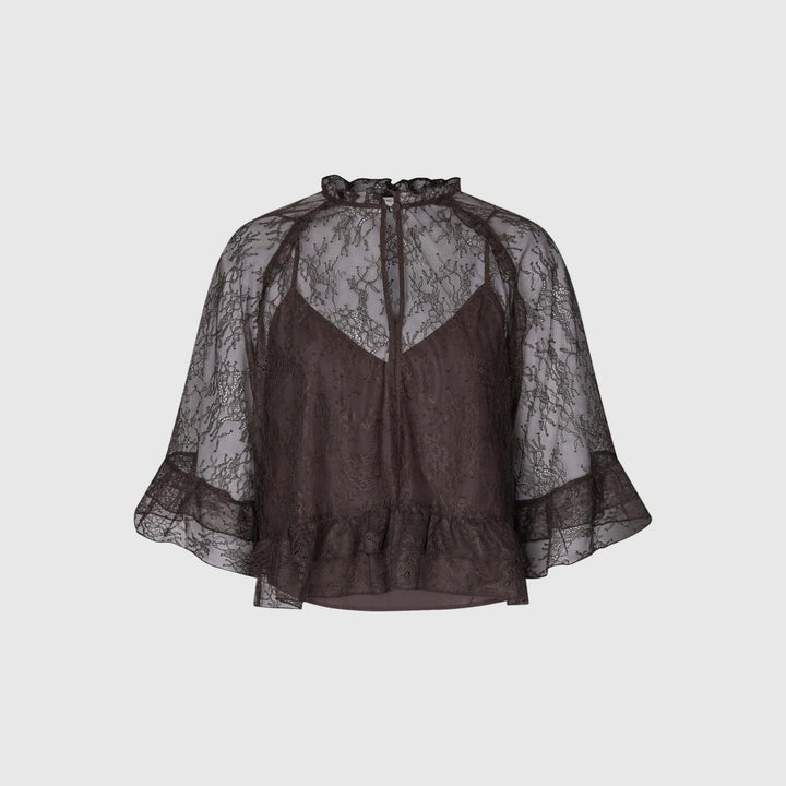 Sybell Lace Ruffle Blouse - Brown